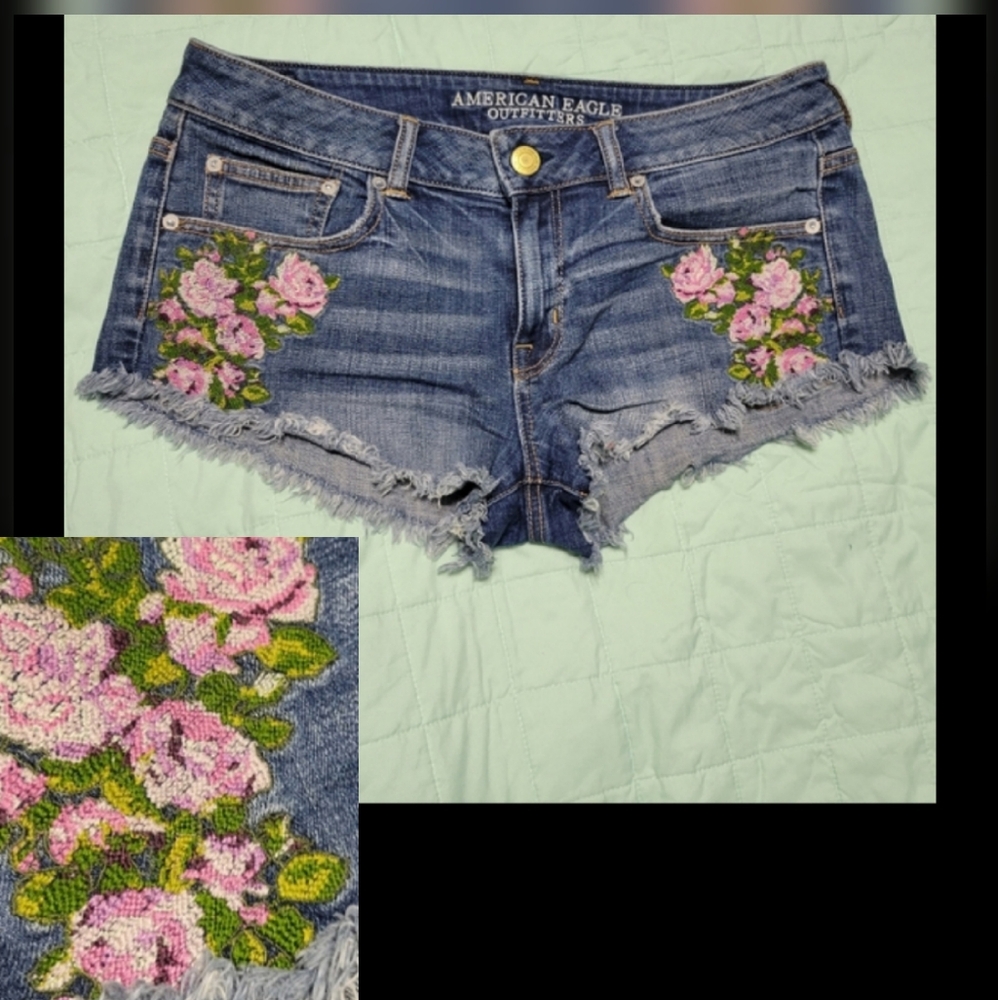 American Eagle Outfitters Blue Denim Jean Shorts with Pink Floral Embroidery